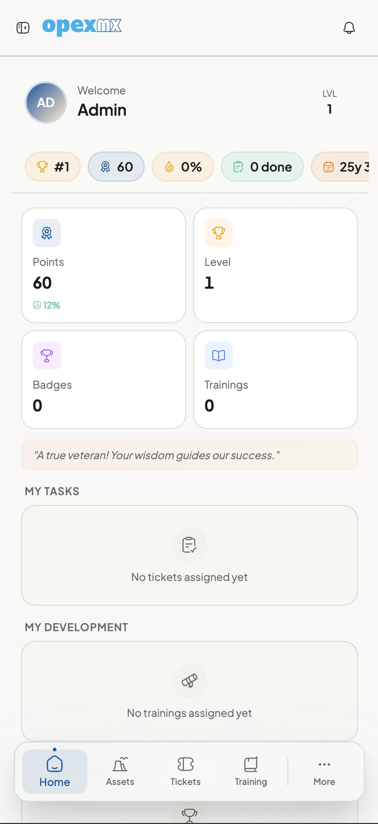 OpexMX mobile app showing technician work order